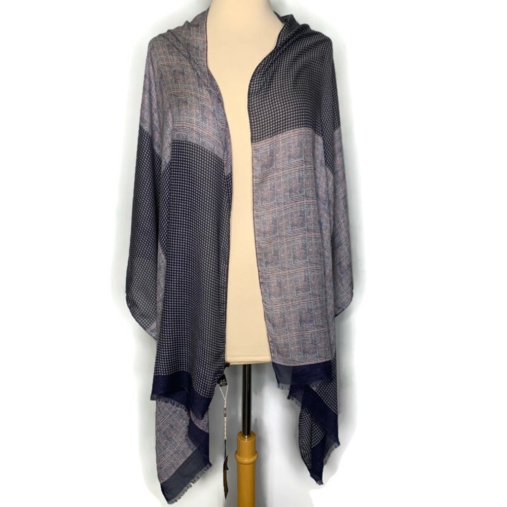 Fiorio Milano Blue Houndstooth Plaid 100% Wool Scarf Made In Italy NWT!